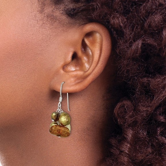 925 Sterling Silver Amber, Citrine FW Cultured Pearl Dangle Earrings 36 x 21 mm - Picture 3 of 4